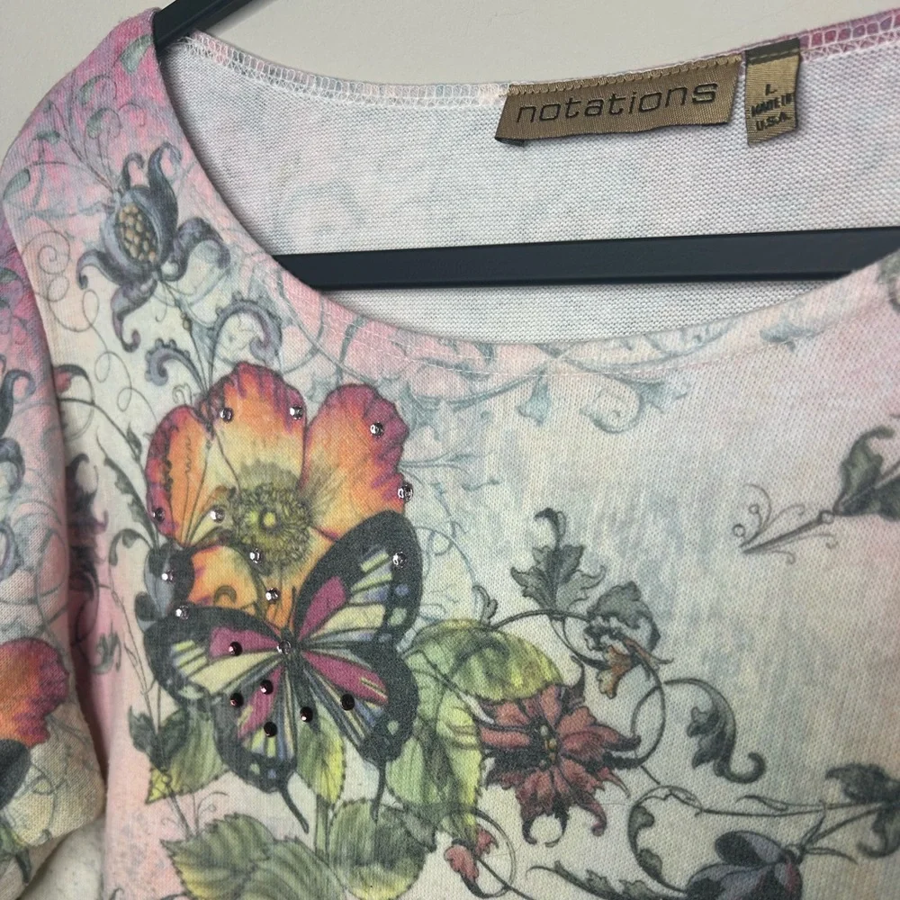 Vintage Y2K Butterfly Flower Rhinestone Bling 3/4 Sleeve Pink Notations Top L